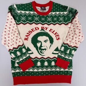 Elf Raised By Elves Ugly Christmas Sweater Green Red Crewneck Pullover Size L